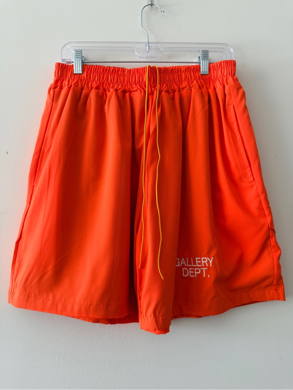 Gallery Dept. Swim Shorts Mens Large Orange Mesh Lined Elastic Waist Logo Trunks